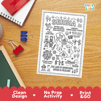 Doodle map coloring sheet showing Serbia, capital Belgrade, Novi Sad, Nis, and Danube and Sava rivers