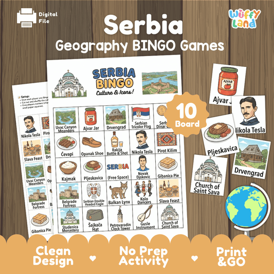 Classroom educational Bingo game cards featuring Nikola Tesla, Pljeskavica burger, Church of Saint Sava, and Drvengrad 🎲⚡