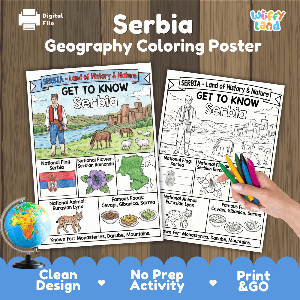 Serbia Geography Coloring Poster | Country Study Research Worksheet Activity