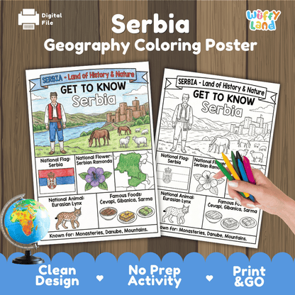 Serbia Geography Coloring Poster | Country Study Research Worksheet Activity