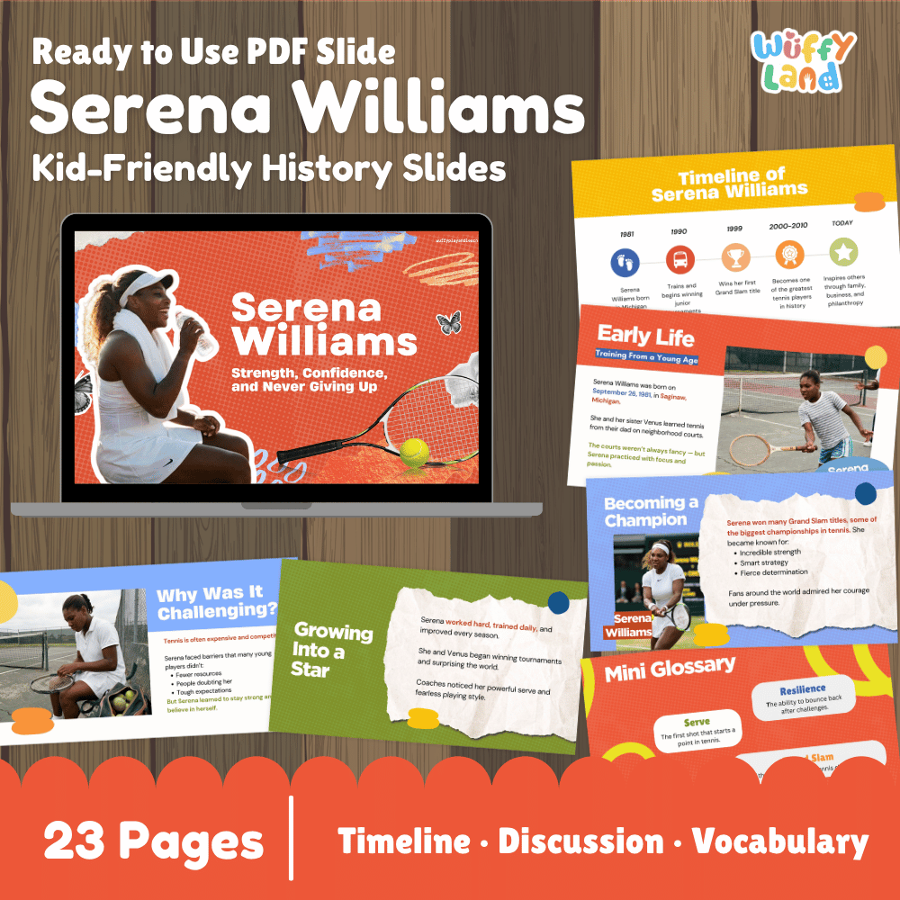 Promotional graphic for a digital product: 'Ready to Use PDF Slide Serena Williams Kid-Friendly History Slides' by Wiffy Land. The image shows multiple colorful presentation slide thumbnails arranged on a wood background, including a laptop mockup displaying the cover slide.