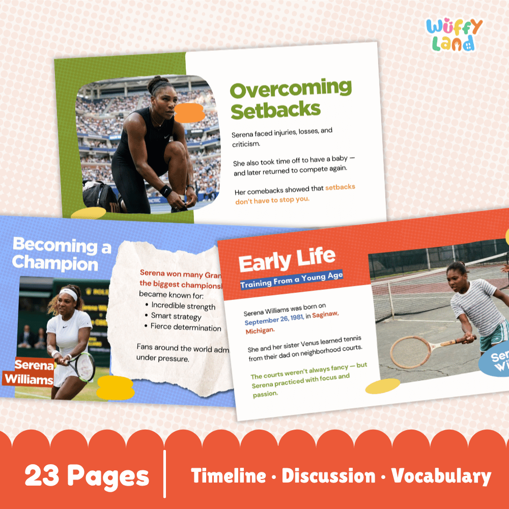 Promotional graphic for a children's book or educational timeline set titled 'Serena Williams' by Wuffy Land. The design shows three colorful book-cover panels with photos and text sections about Serena Williams: 'Overcoming Setbacks,' 'Becoming a Champion,' and 'Early Life.
