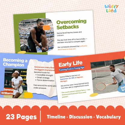 Promotional graphic for a children's book or educational timeline set titled 'Serena Williams' by Wuffy Land. The design shows three colorful book-cover panels with photos and text sections about Serena Williams: 'Overcoming Setbacks,' 'Becoming a Champion,' and 'Early Life.
