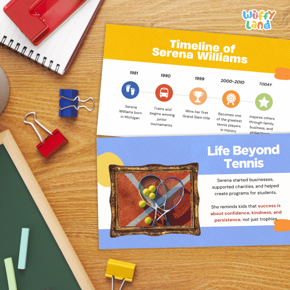 Two printed educational posters about Serena Williams laid on a wooden desk, surrounded by school supplies including a spiral notebook, binder clips, chalk, and a green board. The top poster is titled 'Timeline of Serena Williams' with colored timeline markers, and the bottom poster is titled 'Life Beyond Tennis' with a tennis-themed photo frame graphic.
