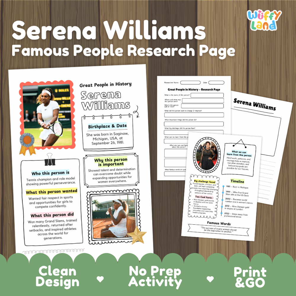 Serena Williams Famous People Research Page Worksheets and Biography Activity