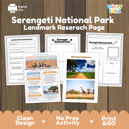 A digital product preview for a Serengeti National Park landmark research page set by Wiffy Land. The image shows several printable worksheet pages laid out on a wood-grain background, with the title 'Serengeti National Park Landmark Researach Page' at the top and promotional text along the bottom reading 'Clean Design', 'No Prep Activity', and 'Print & GO'.