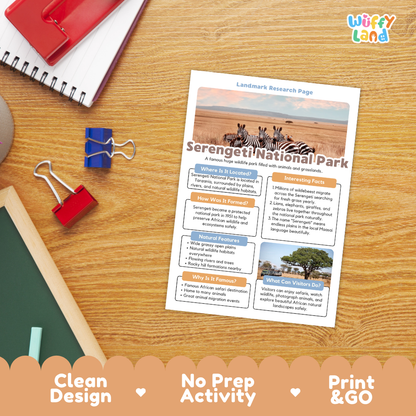 A printed educational worksheet about Serengeti National Park lies on a wooden desk, surrounded by school supplies including a red notebook, blue binder clips, a green chalkboard, and a red folder. The sheet has a clean design with text boxes, a zebra photo, and a logo reading 'Wiffly land' in the top right corner.