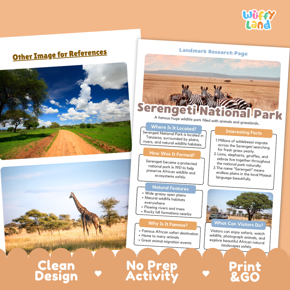 Two printed safari-themed reference cards are shown on a light gray background. One card features a landscape photo of a savanna road with a giraffe and blue sky, and the other is a white informational page titled 'Serengeti National Park' with text boxes and zebra imagery.