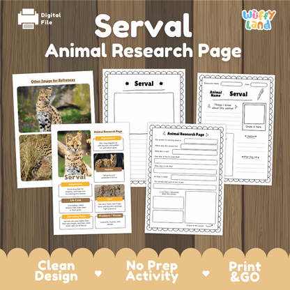 Digital preview of a 'Serval Animal Research Page' activity sheet set by Wiffly Land, displayed on a wood-grain background. The image shows several printable worksheet pages with sections for animal name, habitat, diet, and a reference image of a serval cat.