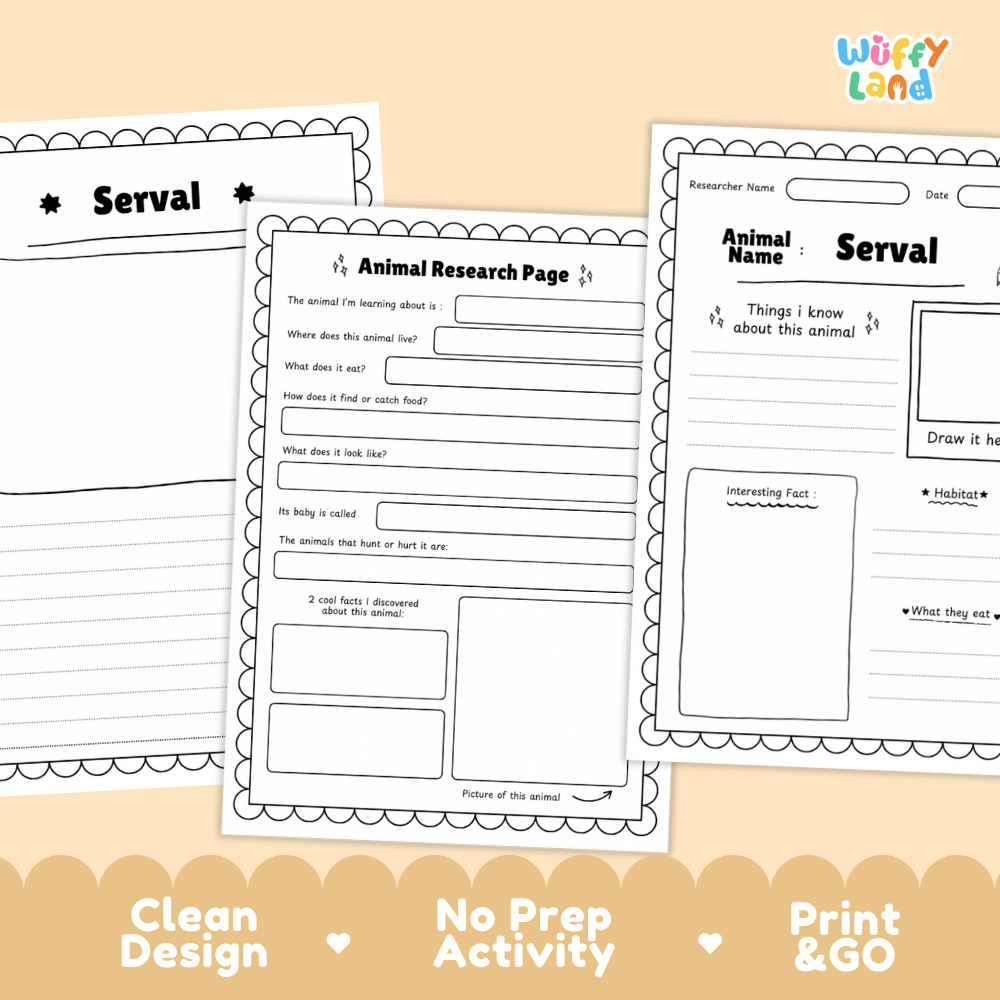 Three printable animal research worksheet pages shown on a warm beige background with promotional text at the bottom. The sheets include fields for animal name, researcher name, date, written questions, and a drawing area.