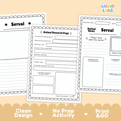 Three printable animal research worksheet pages shown on a warm beige background with promotional text at the bottom. The sheets include fields for animal name, researcher name, date, written questions, and a drawing area.