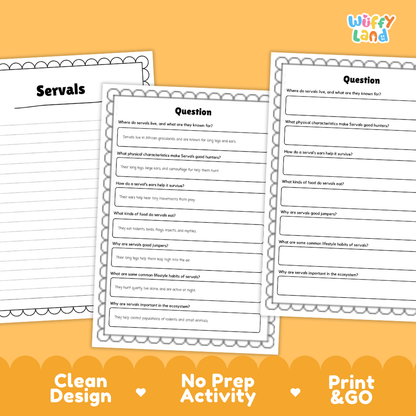 Three printable worksheet pages about servals are shown on an orange background. The pages have black text and bordered sections, with the title 'Servals' on one page and 'Question' headers on the others.
