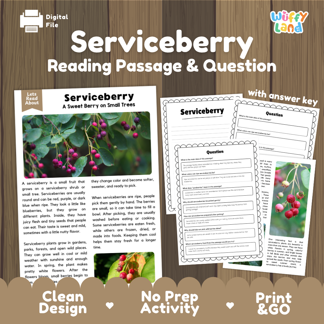 Serviceberry reading comprehension passage and questions printable activity pack with answer key for elementary students