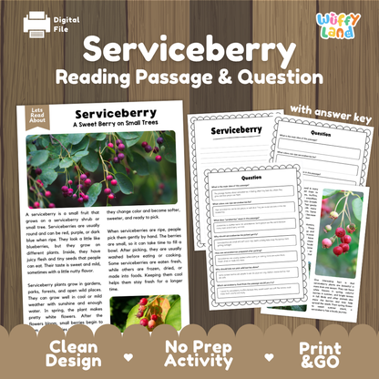 Serviceberry reading comprehension passage and questions printable activity pack with answer key for elementary students