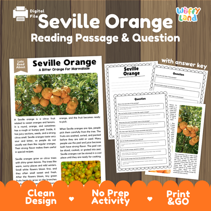 Seville orange reading comprehension passage and questions printable activity pack with answer key for elementary students