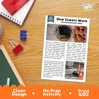 Printable student worksheet with short-answer reading comprehension questions covering sewers and sanitation