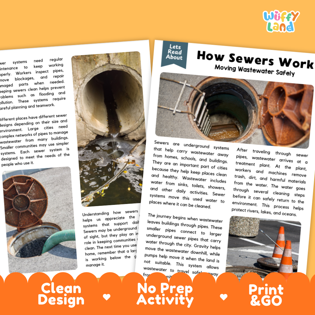 Complete teacher answer key worksheet providing detailed model responses for sewer system comprehension questions