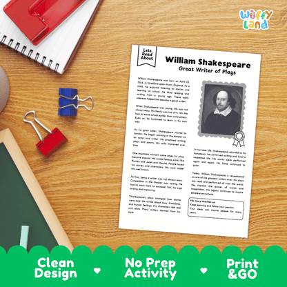 Elementary reading comprehension question worksheet and teacher answer key covering facts about William Shakespeare