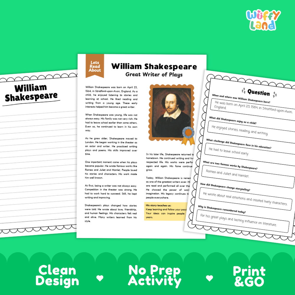 Student reading passage detailing the life and dramatic works of William Shakespeare with historic portrait illustration