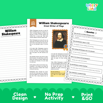 Student reading passage detailing the life and dramatic works of William Shakespeare with historic portrait illustration