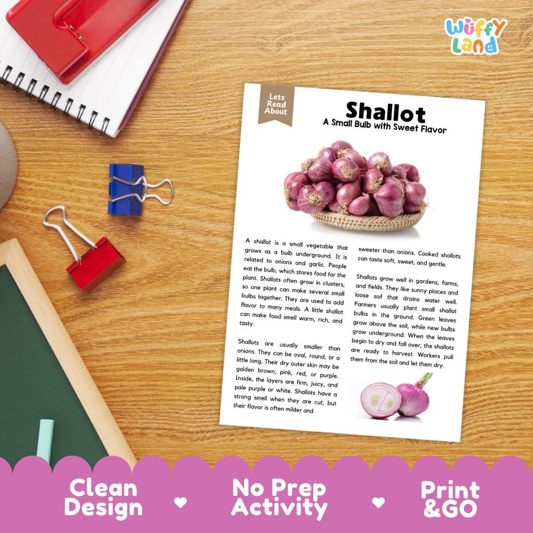 Student reading comprehension worksheet with short-answer questions and lined sections about shallots