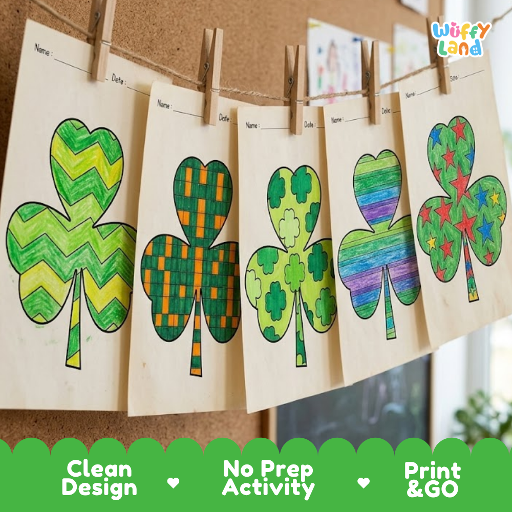 Printable coloring pages featuring large shamrocks filled with star and chevron patterns