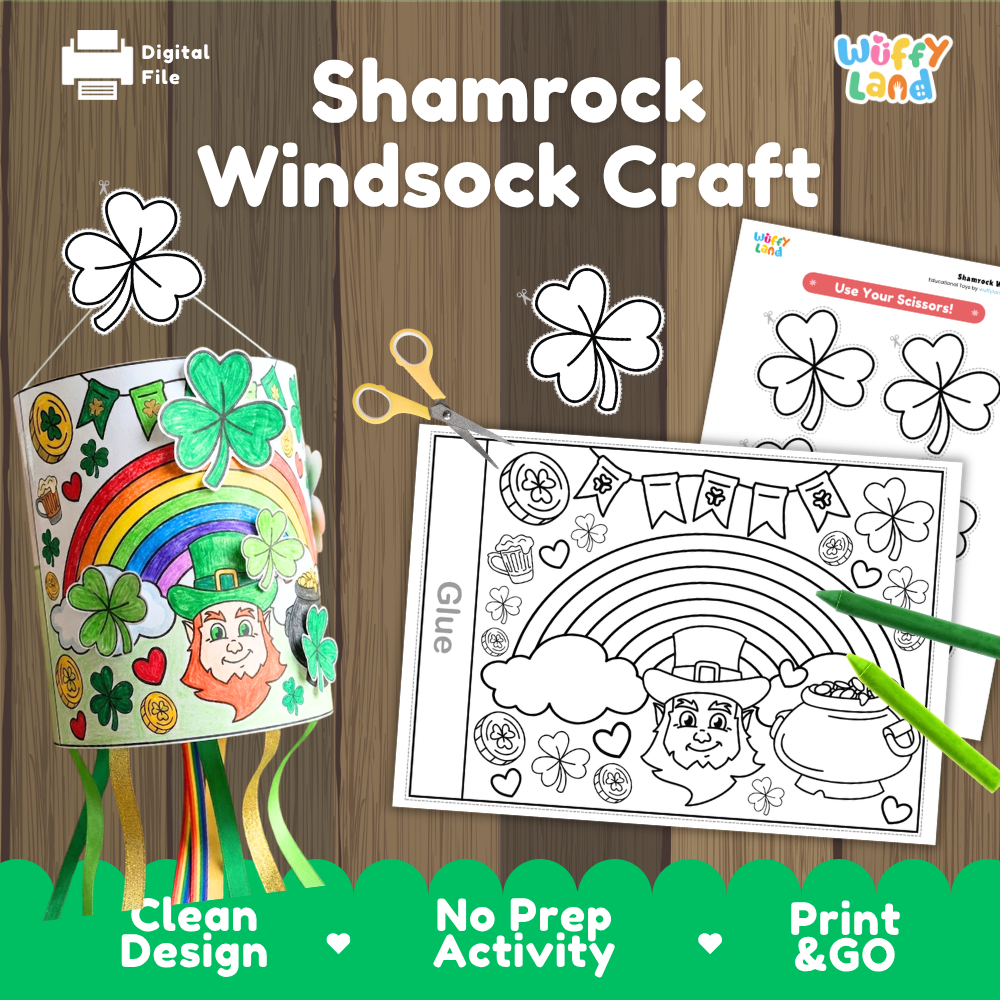 Shamrock windsock craft cover showing printable coloring sheet, assembled hanging windsock, and cut-out shamrocks