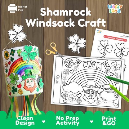Shamrock windsock craft cover showing printable coloring sheet, assembled hanging windsock, and cut-out shamrocks