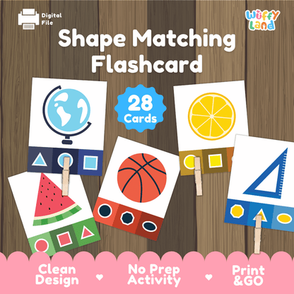 Shape matching flashcard printable 2D shapes activity pack overview from Wuffy Land featuring 28 real-world object clip cards 🔵📐