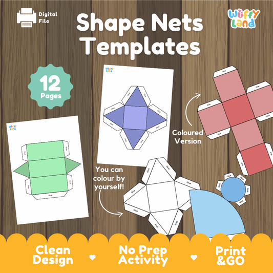 Shape nets templates 12-page printable 3D geometry paper craft activity overview from Wuffy Land showing cube, pyramid, prism, and cone nets 📦✂️