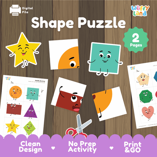 Shape puzzle 2-page printable 2D geometric shapes matching activity pack overview from Wuffy Land featuring 2-piece character shape puzzles 🧩🔷