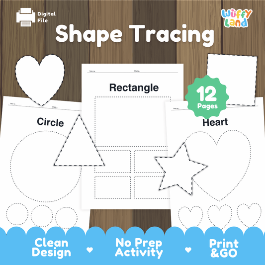 Shape tracing worksheets 12-page printable pre-writing activity pack overview from Wuffy Land featuring circle, rectangle, heart, triangle, and star tracing pages ⭕📐