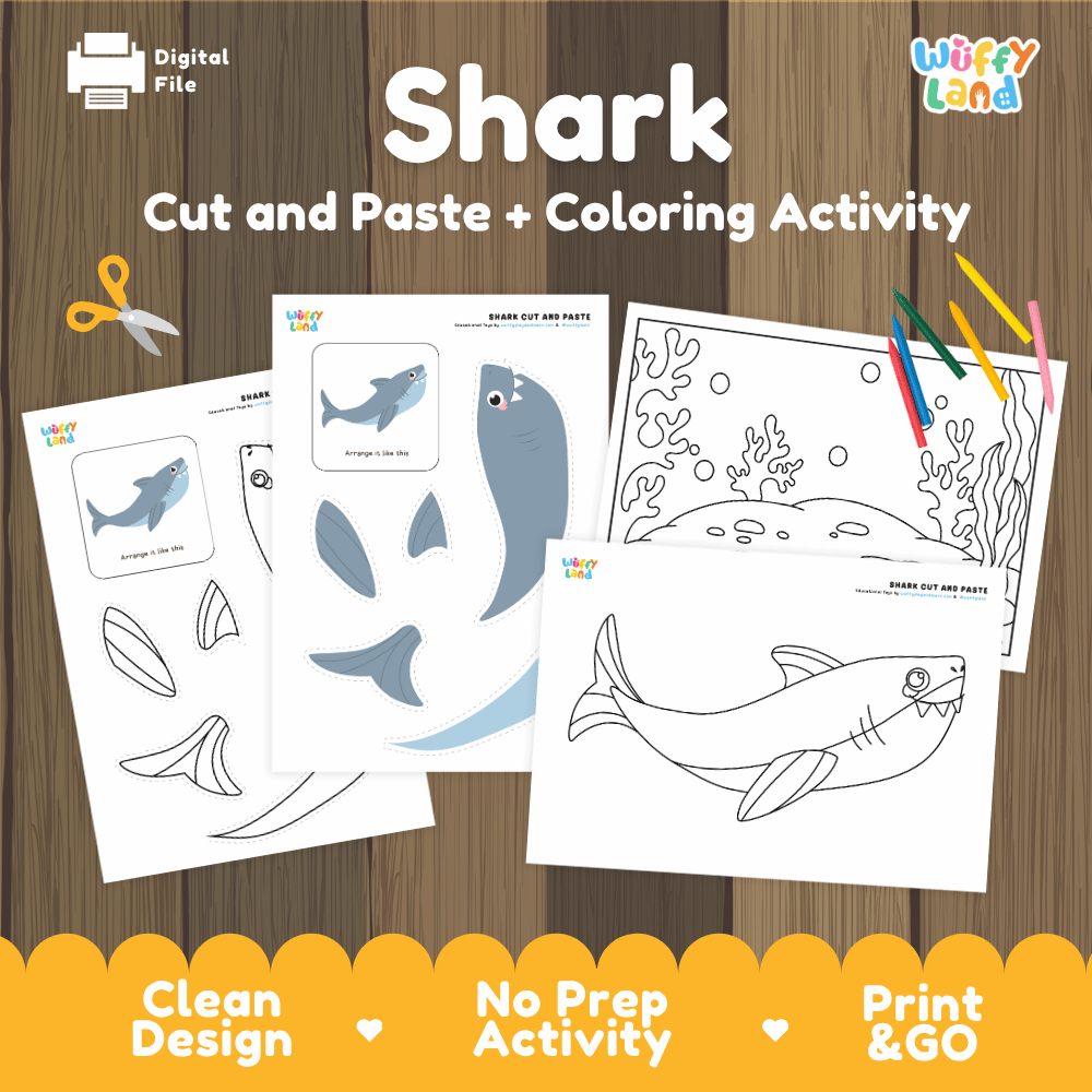 Shark Cut and Paste Craft and Coloring Activity Worksheets
