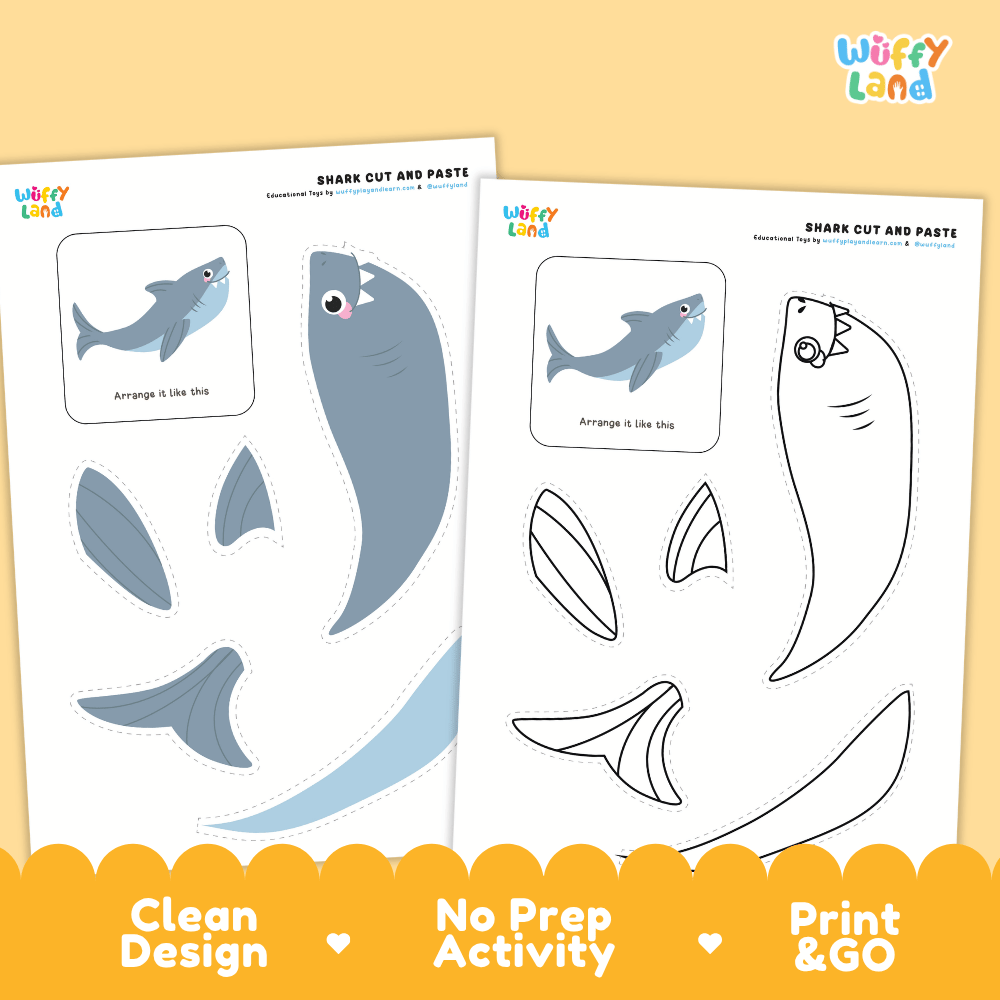 Shark Cut and Paste Craft and Coloring Activity Worksheets