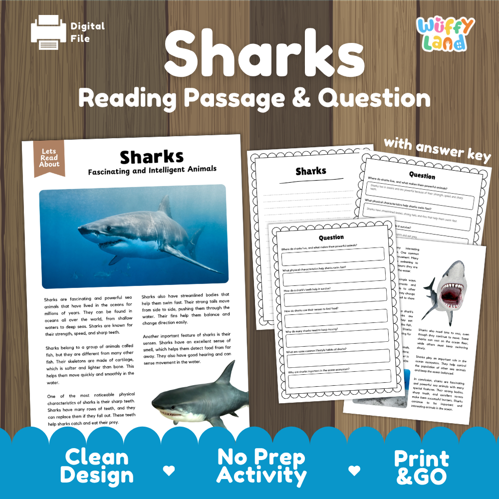 Sharks Reading Passage and Comprehension Questions Worksheets with Answer Key