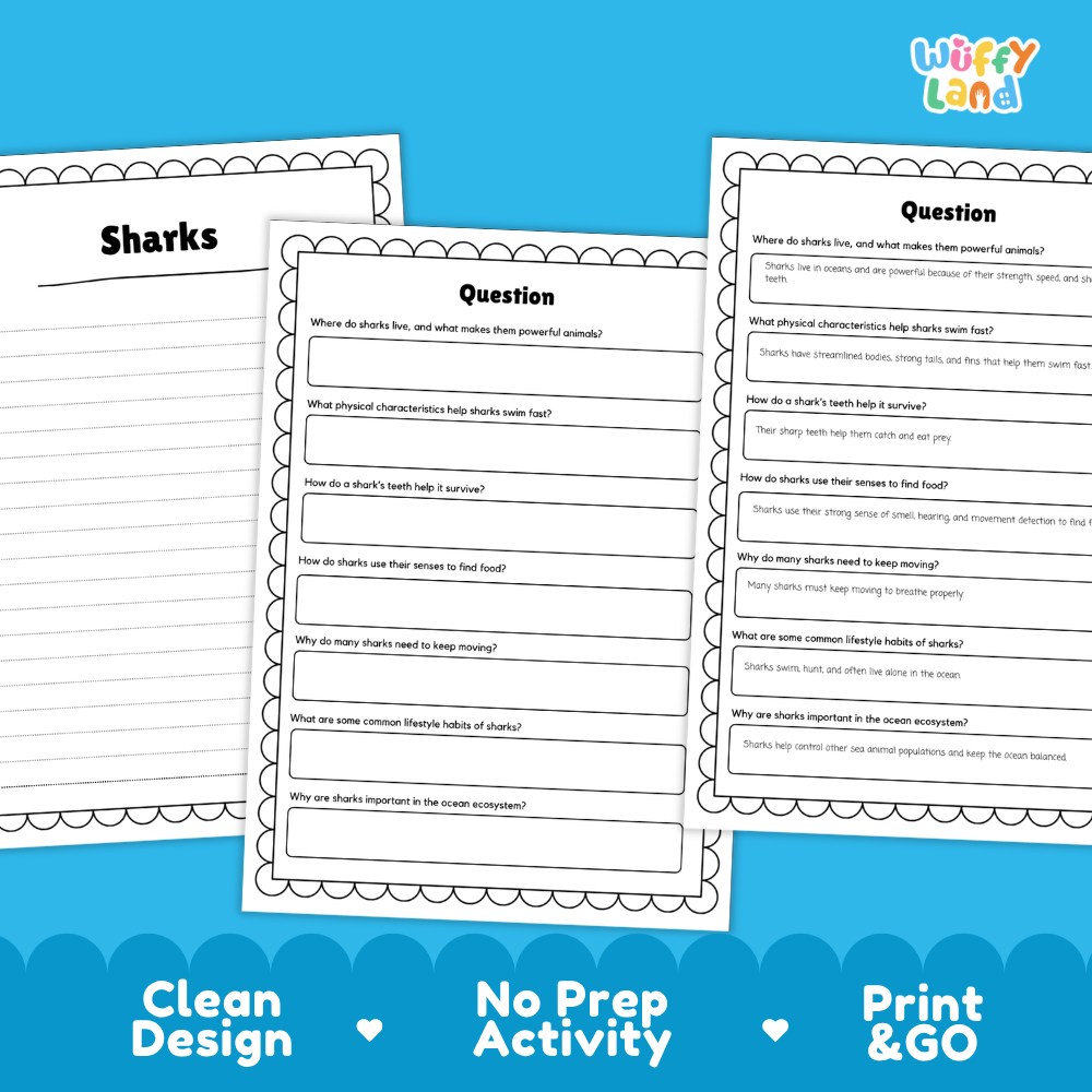Sharks Reading Passage and Comprehension Questions Worksheets with Answer Key
