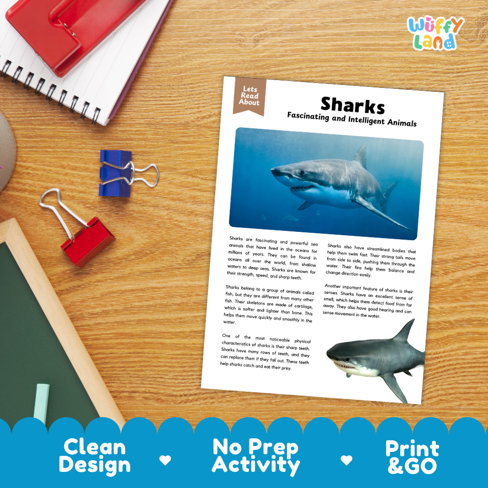An educational shark activity worksheet titled 'Sharks Fascinating and Intelligent Animals' displayed on a wooden desk with school supplies. The worksheet features a blue shark photo, text, and a second shark photo.