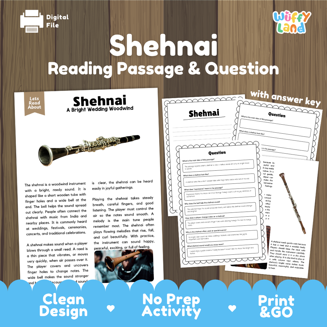 Shehnai reading comprehension passage and questions printable activity pack with answer key for elementary students