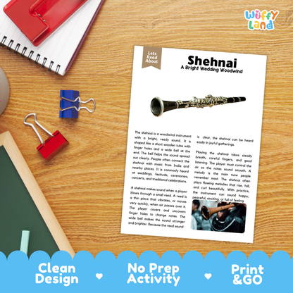 Student reading comprehension worksheet with short-answer questions and lined sections about the shehnai instrument