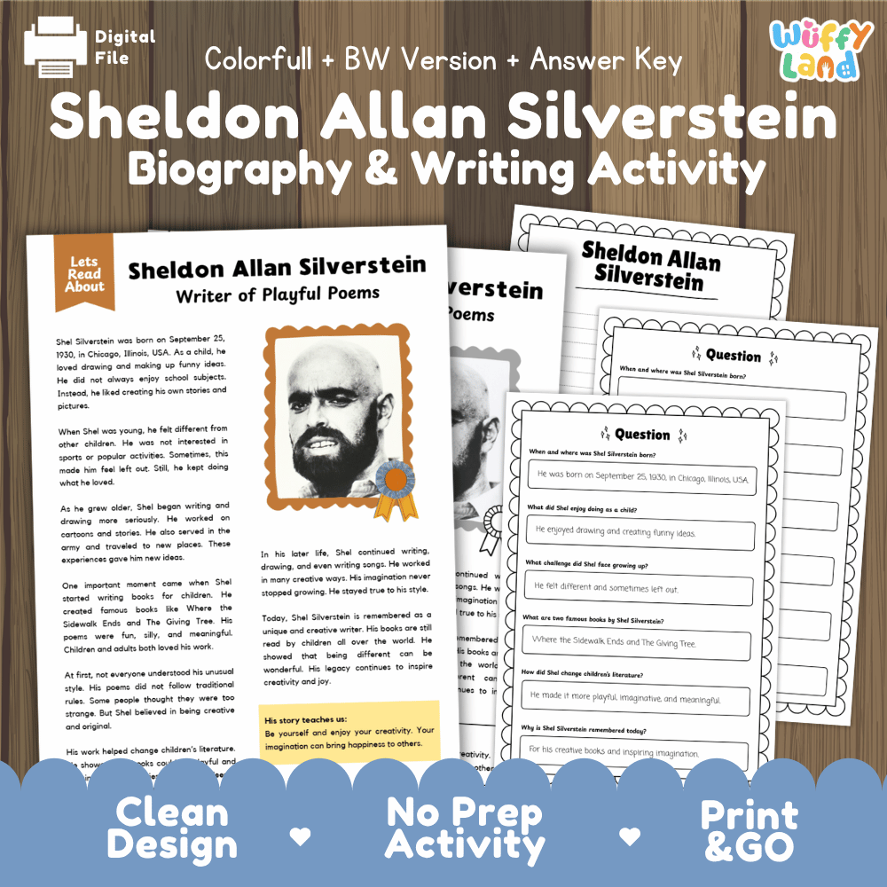 Shel Silverstein biography and reading comprehension worksheets pack featuring passage, writing activity, and answer key