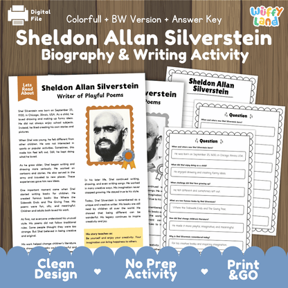 Shel Silverstein biography and reading comprehension worksheets pack featuring passage, writing activity, and answer key
