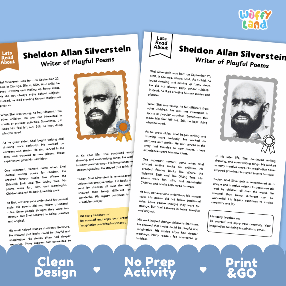 Lined writing activity page with decorative frame for student writing assignments about Shel Silverstein