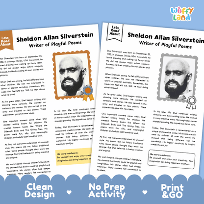 Lined writing activity page with decorative frame for student writing assignments about Shel Silverstein