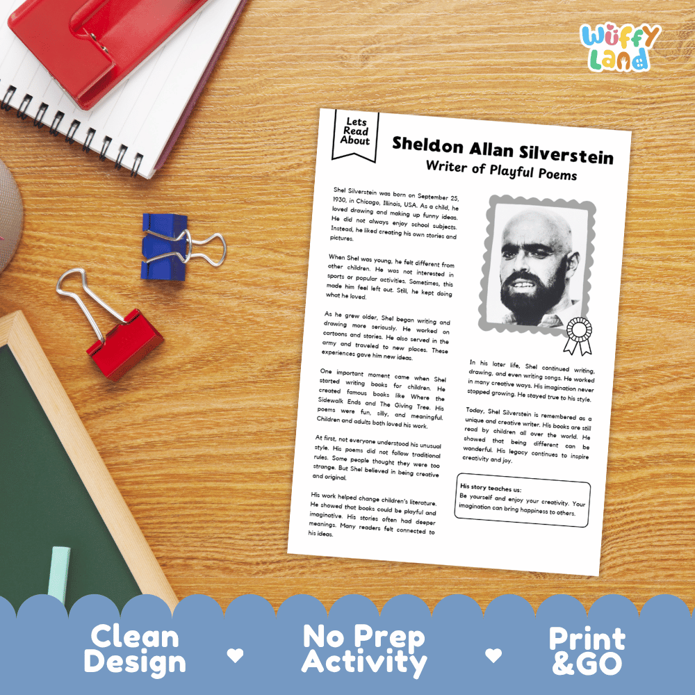 Elementary reading comprehension question worksheet and teacher answer key covering facts about Shel Silverstein