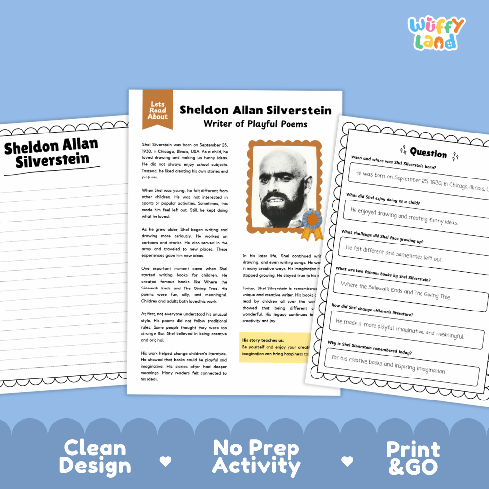 Student reading passage detailing the life, poetry, and books of Shel Silverstein with author portrait illustration