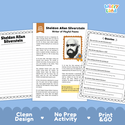 Student reading passage detailing the life, poetry, and books of Shel Silverstein with author portrait illustration