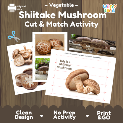 Shiitake mushroom cut and match activity cover showing printable fine motor puzzle sheets and mushroom photographs