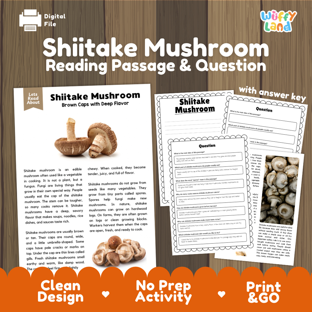 Shiitake mushroom reading comprehension passage and questions printable activity pack with answer key for elementary students