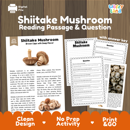 Shiitake mushroom reading comprehension passage and questions printable activity pack with answer key for elementary students