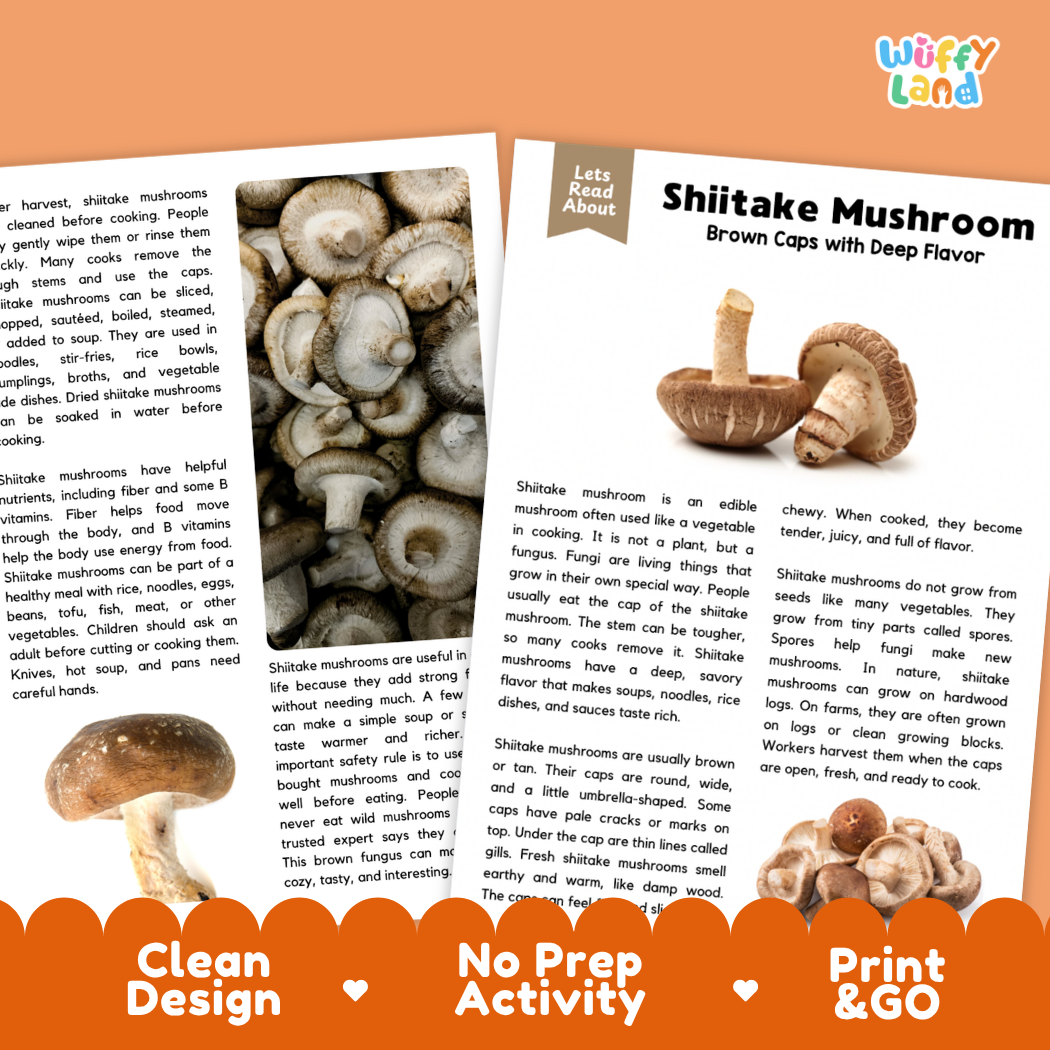 Teacher answer key page showing complete question solutions for shiitake mushroom reading comprehension practice